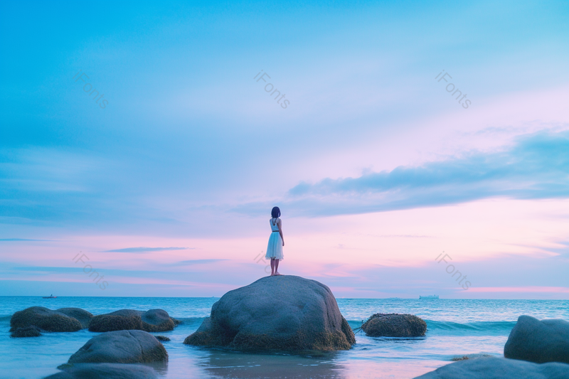 海边礁石上的少女,高清,摄影图,摄影图片,图片大全,摄影图免费下载